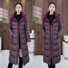 批发高端时尚格纹棉服长款冬装新款气质显瘦修身连帽加厚保暖三防棉衣