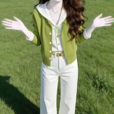 批发绿色连帽拼接2026年春季假两件针织开衫法式清新软糯高级感上衣女