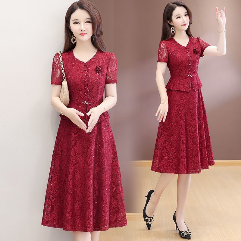 RY4550# 高端时尚连衣裙女2026夏季新款婚宴蕾丝显瘦气质拼接中长裙