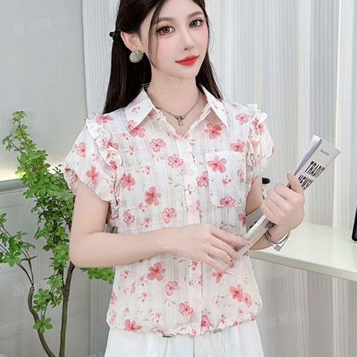 RY4545# 碎花雪纺衬衫显瘦修身抽绳遮肚甜美风气质女士2026夏季短款开衫
