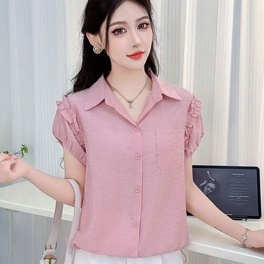 RY4543# 纯色翻领2026年新款时尚法式皱褶修身百搭简约女士开衫雪纺小衫