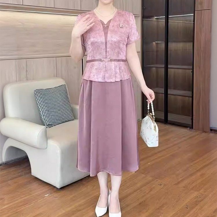 RY4815# 夏装气质中式连衣裙两件夏季新款洋气短袖裙子