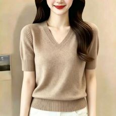 批发V领薄款宽松T恤<b class='q'>针织衫</b>遮肉百搭打底上衣女春夏新款