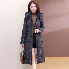 批发时尚格纹连帽中长款<b class='q'>棉服</b>女冬季新款加厚保暖修身显瘦百搭外套大衣