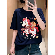 批发小马印花纯棉短袖t恤女2026新款圆领打底衫宽松大码半袖体恤上衣