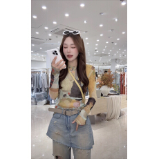 批发封后轻奢设计春夏<b class='q'>新款</b>时髦个性晕染印花网纱上衣