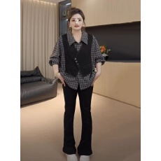 批发佳佳大码女装假两件马甲拼接格子衬衫女秋<b class='q'>胖</b><b class='q'>mm</b><b class='q'>宽松</b>巨显瘦正肩衬衣