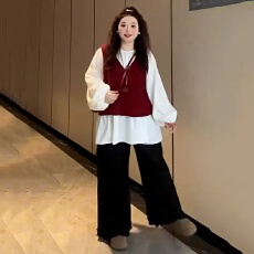 批发大码秋季韩系<b class='q'>甜美</b>长袖衬衫背心上衣显瘦长裤三件套
