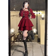 批发圣诞新年战袍法式小香风红色丝绒<b class='q'>连衣裙</b>女秋冬在逃公主生日<b class='q'>小礼服</b>