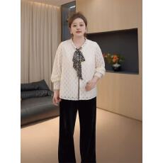 批发大码女装时尚飘带蕾丝提花衬衫2025秋季微胖mm显瘦气质内搭小上衣
