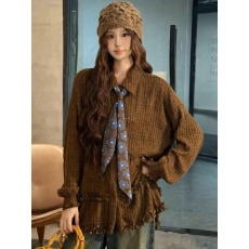 批发大码女装木耳边拼接美拉德咖色长袖衬衫秋季新款胖mm宽松显瘦上衣