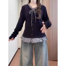 批发大码胖mm韩系假两件V领针织衫女<b class='q'>秋</b>冬百搭木耳边别致减龄小衫上衣