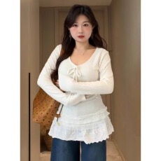 批发大码胖mm秋<b class='q'>冬</b>甜美风V领蕾丝拼接绑带长袖T恤女内搭打底高级感上衣