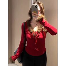 批发<b class='q'>大码</b>微胖红色内搭打底衫长袖T恤女冬季2025新款气质胖MM显瘦上衣