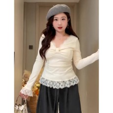 批发大码法式气质蕾丝拼接v领长袖t恤女冬季胖mm显瘦掐腰内搭打底上衣