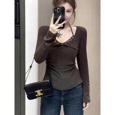 批发<b class='q'>大码</b>女装豹纹挂脖假两件长袖针织衫冬季胖mm显瘦掐腰内搭打底上衣