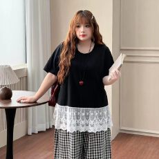 批发大码女装【甜美蕾丝拼接T恤】短袖春夏季胖mm<b class='q'>宽松</b>休闲中长款<b class='q'>上衣</b>
