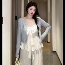 批发大码胖MM韩系蝴蝶结吊带背心针织开衫两件套女<b class='q'>春</b>夏叠穿少女感套装