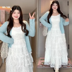 批发大码胖mm韩版休闲温柔风内搭<b class='q'>蕾丝</b>吊带裙加长袖开衫时尚气质两件套