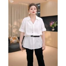 批发<b class='q'>大码</b>韩版翻领通勤风短袖衬衫女夏季微胖mm收腰显瘦设计感小众<b class='q'>上衣</b>