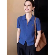 批发蓝色老钱风金扣拉链翻领针织T恤女2026夏季新款气质百搭大码上衣