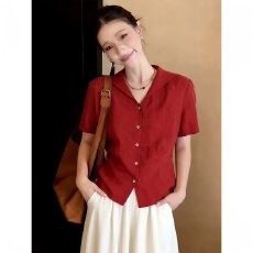 批发早春法式上衣女气质显瘦独特超好看单穿小衫短袖巨好看的红色衬衫