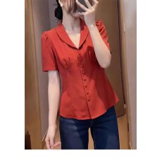 批发温柔风翻领短袖衬衫女2026年夏季新款夏收腰显瘦别致纽扣气质上衣