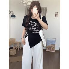 批发夏大码胖mm韩版休闲风字母印花斜领短袖T恤2026夏季显瘦百搭上衣