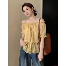 批发大码女装法式波点<b class='q'>一字肩</b>泡泡袖上衣女夏胖MM收腰显瘦气质短袖上衣