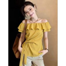 批发大码气质2026韩版百搭个性荷叶边<b class='q'>一字肩</b>侧绑带胖MM遮肉显瘦小衫女