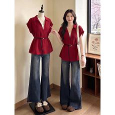 批发新品大码女装韩版设计感假两件V领衬衫胖妹妹收腰显瘦短袖衬衫