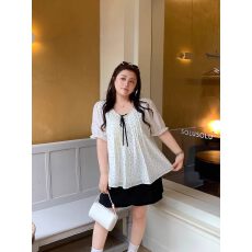 批发肉肉小姐定制大码女装夏季新品波点系带短袖小衫超火减龄衬衫上衣