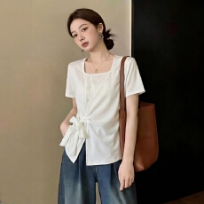 批发大码女装设计感方领正肩短袖T恤女2026夏新款绑带收腰不规则上衣