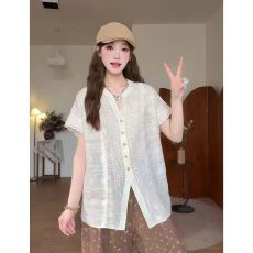 批发大码女装韩系复古镂空蕾丝V领衬衫女夏季微胖mm宽松显瘦开叉上衣