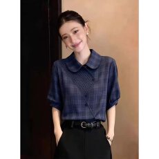批发法式<b class='q'>大码</b>格子短袖上衣夏季2026新款洋气小衫炸街衬衫女士翻领内搭