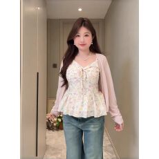 批发大码胖MM法式温柔风碎花吊带背心女夏季法式防晒开衫上衣两件套装