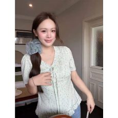 批发大码女装v领绑带碎花短袖衬衫<b class='q'>夏</b>季胖mm显瘦收腰独特漂亮小衫上衣