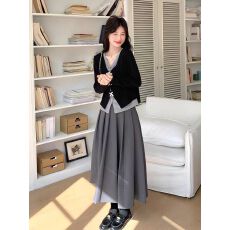 批发韩系撞色假两件v领长袖上衣套装女2026秋季新款半身裙显瘦两件套