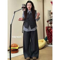 批发大码胖mm法式高级感休闲马甲条纹衬衫女秋季新款高腰阔腿裤三件套