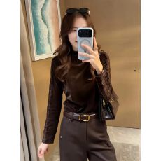 批发法式气质蕾丝拼接丝绒长袖<b class='q'>T</b><b class='q'>恤</b>女秋冬新款收腰修身百搭打底衫上衣