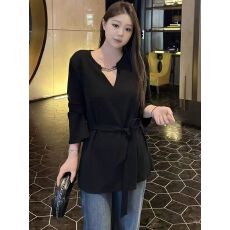 批发大码女装黑色v领内搭打底长袖<b class='q'>衬衫</b>2026早秋新款胖mm显瘦小衫上衣