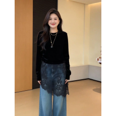 批发优雅风黑色圆领长袖拼接蕾丝中长款大码衬衫 显瘦气质