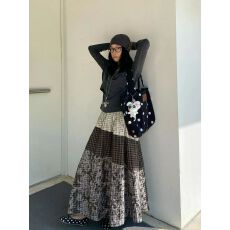 批发美式复古格纹拼接半身裙女2025秋冬新款ins潮百搭休闲三层中<b class='q'>长裙</b>