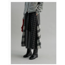 批发2025秋冬复古日系<b class='q'>长裙</b>廓形松紧腰拼接格子毛呢半身裙女