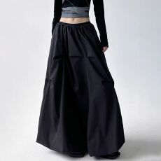 批发2026早春黑色慵懒风小众褶皱半身裙女美式高街宽松大摆长裙