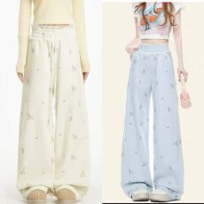 春款奶杏色小狗印花休闲卫裤宽松直筒裤蕾丝拼接垂感显瘦裤子