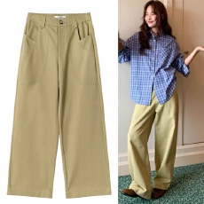 批发2026春季新款设计感口袋直筒休闲裤女高腰宽松显瘦阔腿长裤