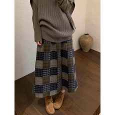 批发2026春季新款毛呢半身裙拼色格子中长款裙子女