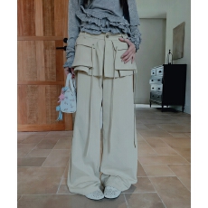 批发 美式辣妹假两件阔腿裤女秋冬季灰绿色百搭宽松休闲裤子