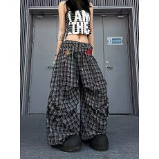 批发美式褶皱格子屁帘弯刀工装裤<b class='q'>男</b>女高腰<b class='q'>休闲裤</b>爵士跳舞慵懒感哈伦裤